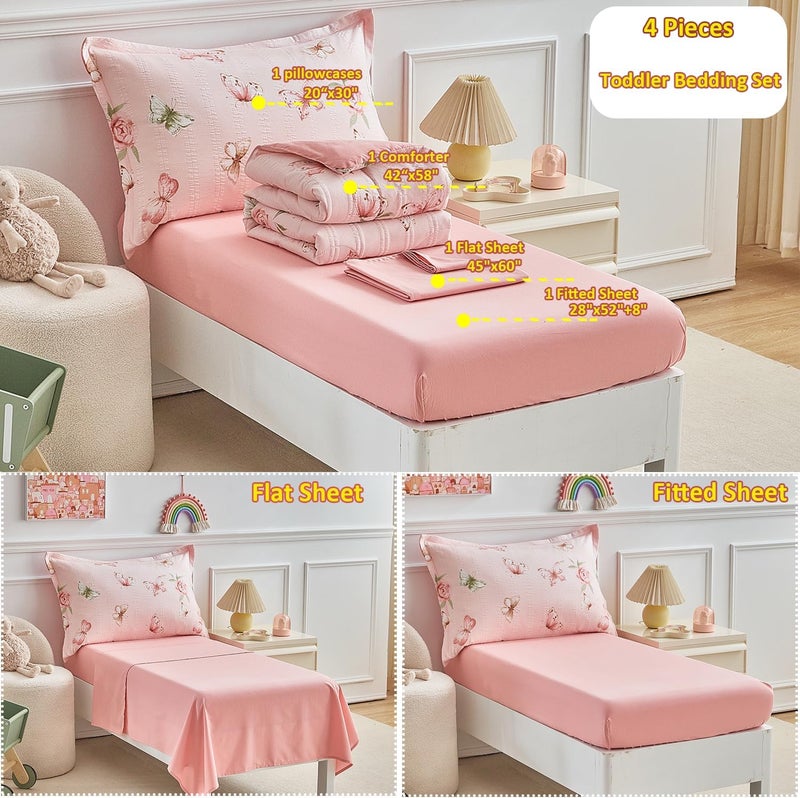 DuShow Pink Butterfly Toddler Bedding Set for Girls,4 Pieces Toddler Bed Set,Seersucker Toddler Comforter Set,Includes Comforter,Flat Sheet,Fitted Sheet and Pillowcase - Image 4